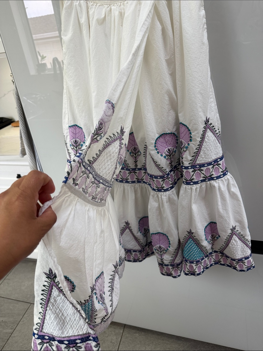 Anthropology White Embroidered Tiered Skirt with Purple & Teal Accents - Picture 5 of 7